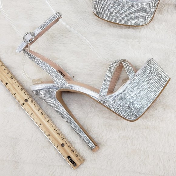 Bejeweled Pandora Silver Rhinestone Platform 6.5" Heels Defects - Picture 10 of 17